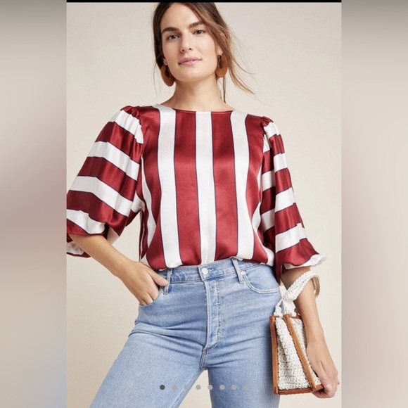 Mauve by Anthropologie Satin Striped Blouse Balloon Sleeve Sz 2 (Fits Like Med) - Picture 1 of 13